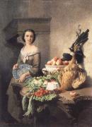 unknow artist House lass next to a table of full groceries Sweden oil painting reproduction